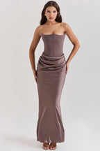 Gray Satin Look Strapless Maxi Dress with Structured Bodice
