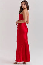 Red Satin Look Maxi Dress with Structured Strapless Bodice