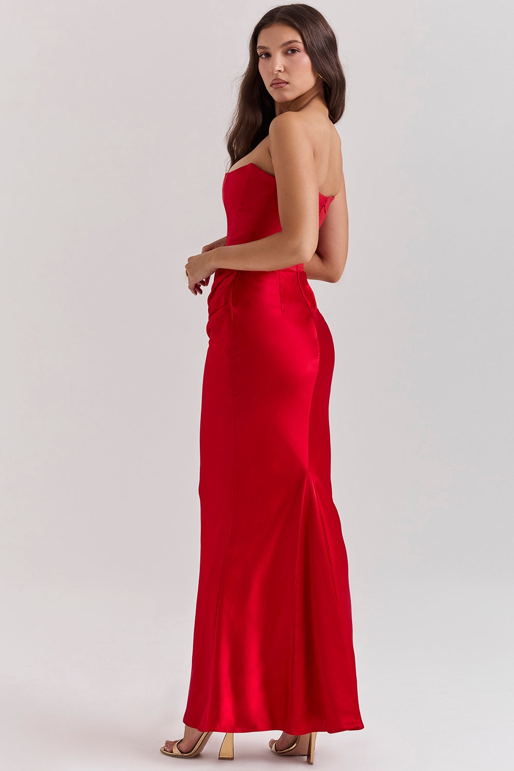 Red Satin Look Maxi Dress with Structured Strapless Bodice