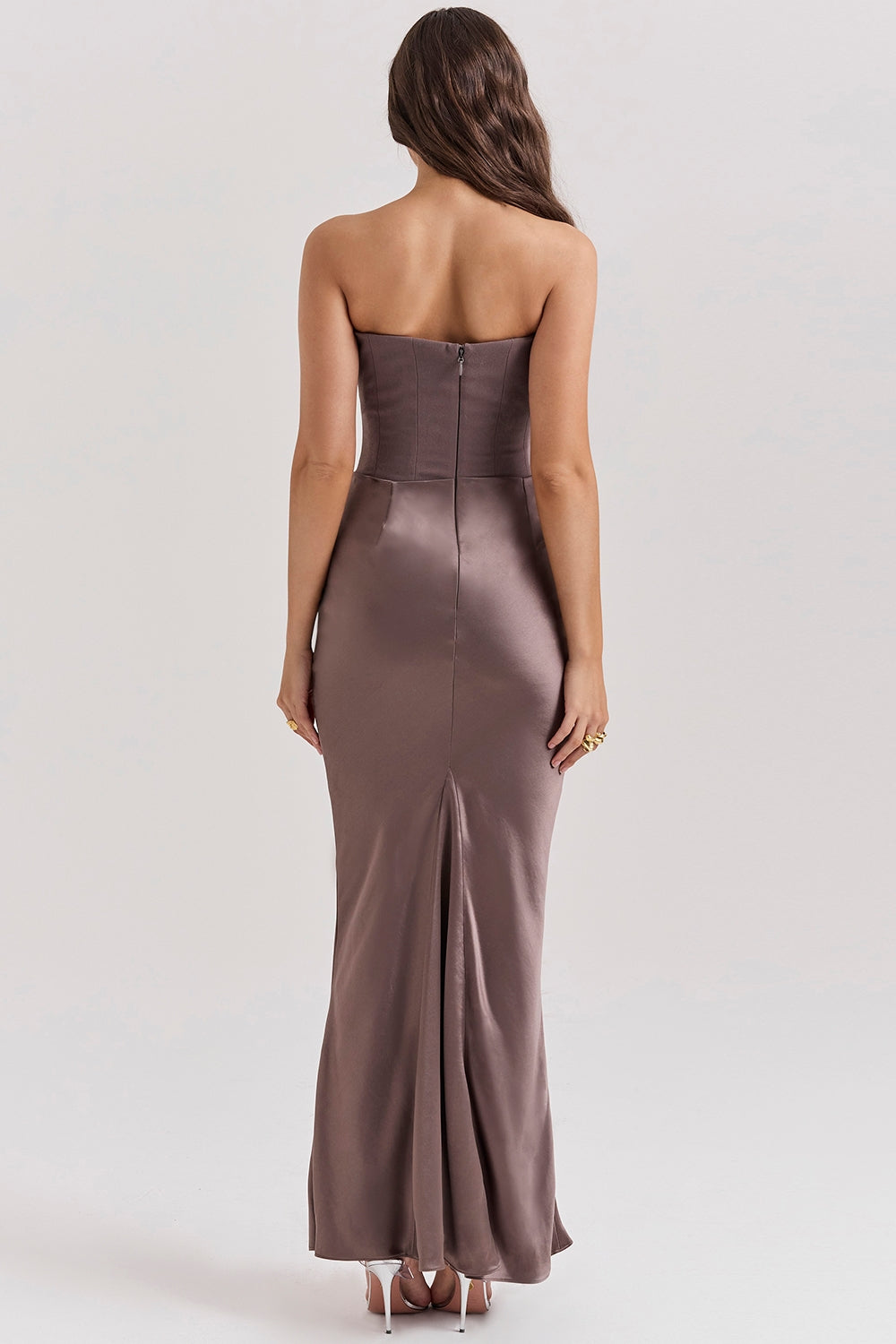 Gray Satin Look Strapless Maxi Dress with Structured Bodice