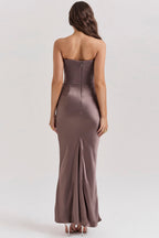 Gray Satin Look Strapless Maxi Dress with Structured Bodice