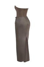 Gray Satin Look Strapless Maxi Dress with Structured Bodice