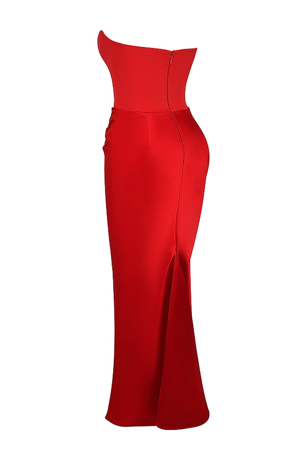 Red Satin Look Maxi Dress with Structured Strapless Bodice