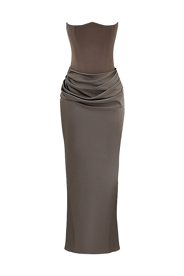 Gray Satin Look Strapless Maxi Dress with Structured Bodice