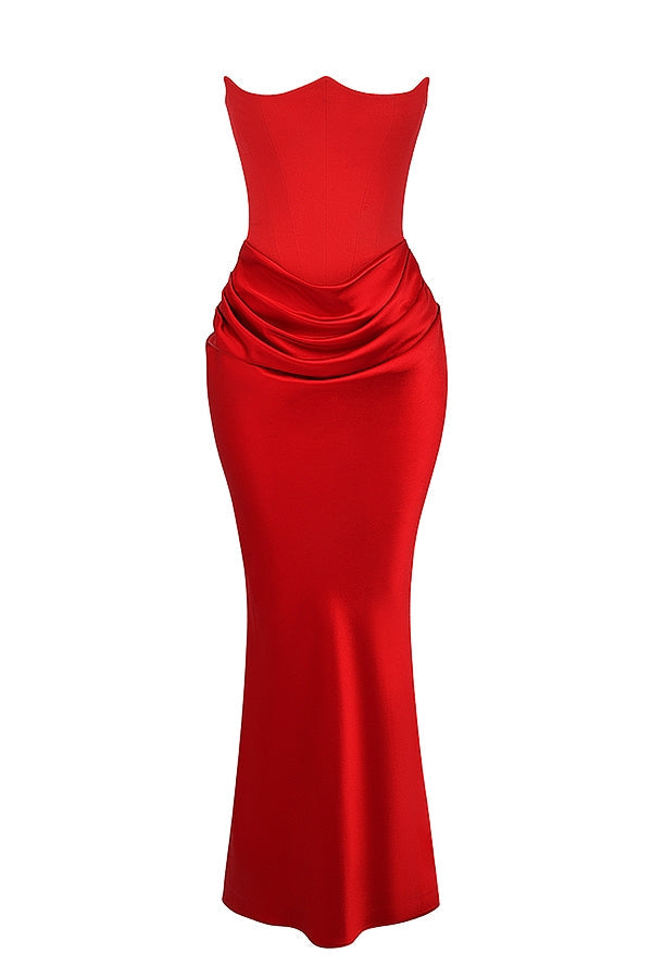 Red Satin Look Maxi Dress with Structured Strapless Bodice