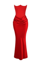 Red Satin Look Maxi Dress with Structured Strapless Bodice