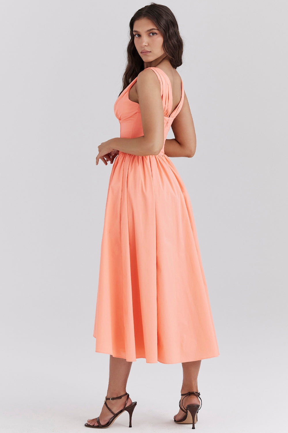 Orange Midi Dress with Plunge Neck and Open Back