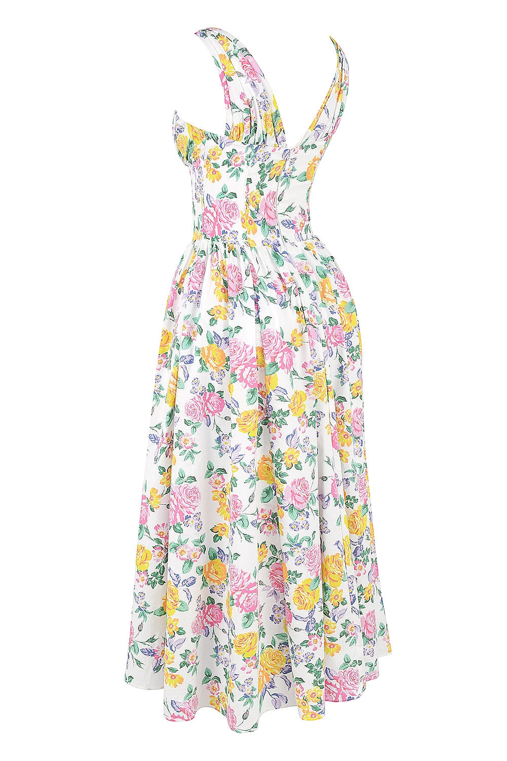 Floral Midi Dress with Corset Bodice and Plunge Neck