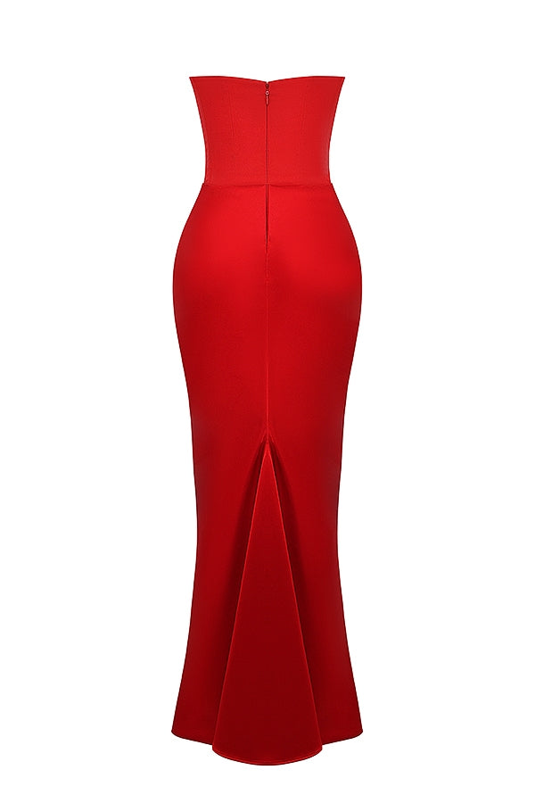 Red Satin Look Maxi Dress with Structured Strapless Bodice