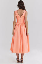 Orange Midi Dress with Plunge Neck and Open Back