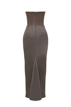 Gray Satin Look Strapless Maxi Dress with Structured Bodice