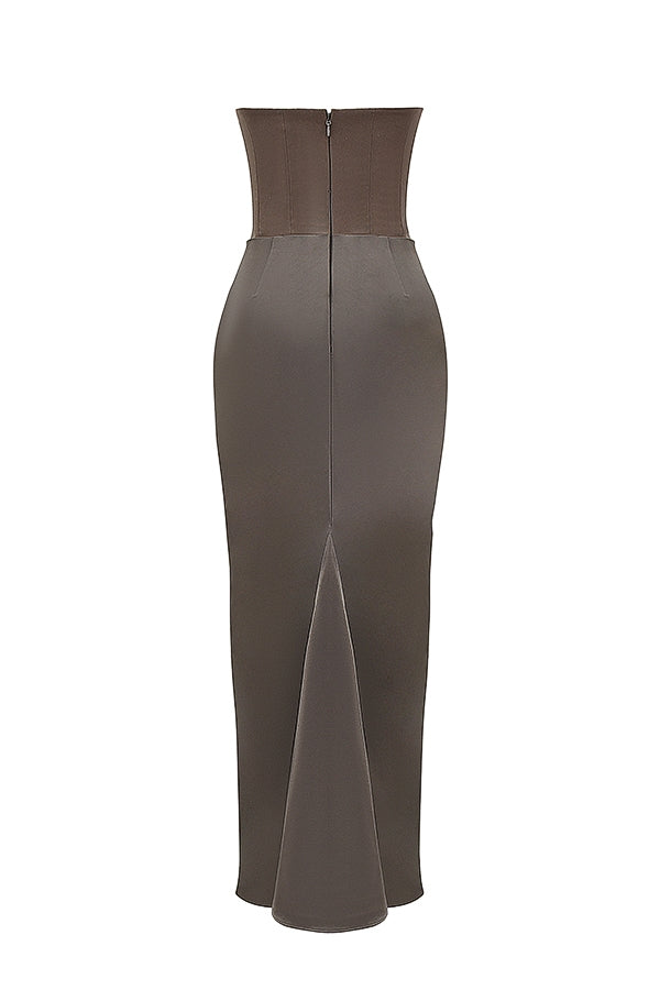 Gray Satin Look Strapless Maxi Dress with Structured Bodice