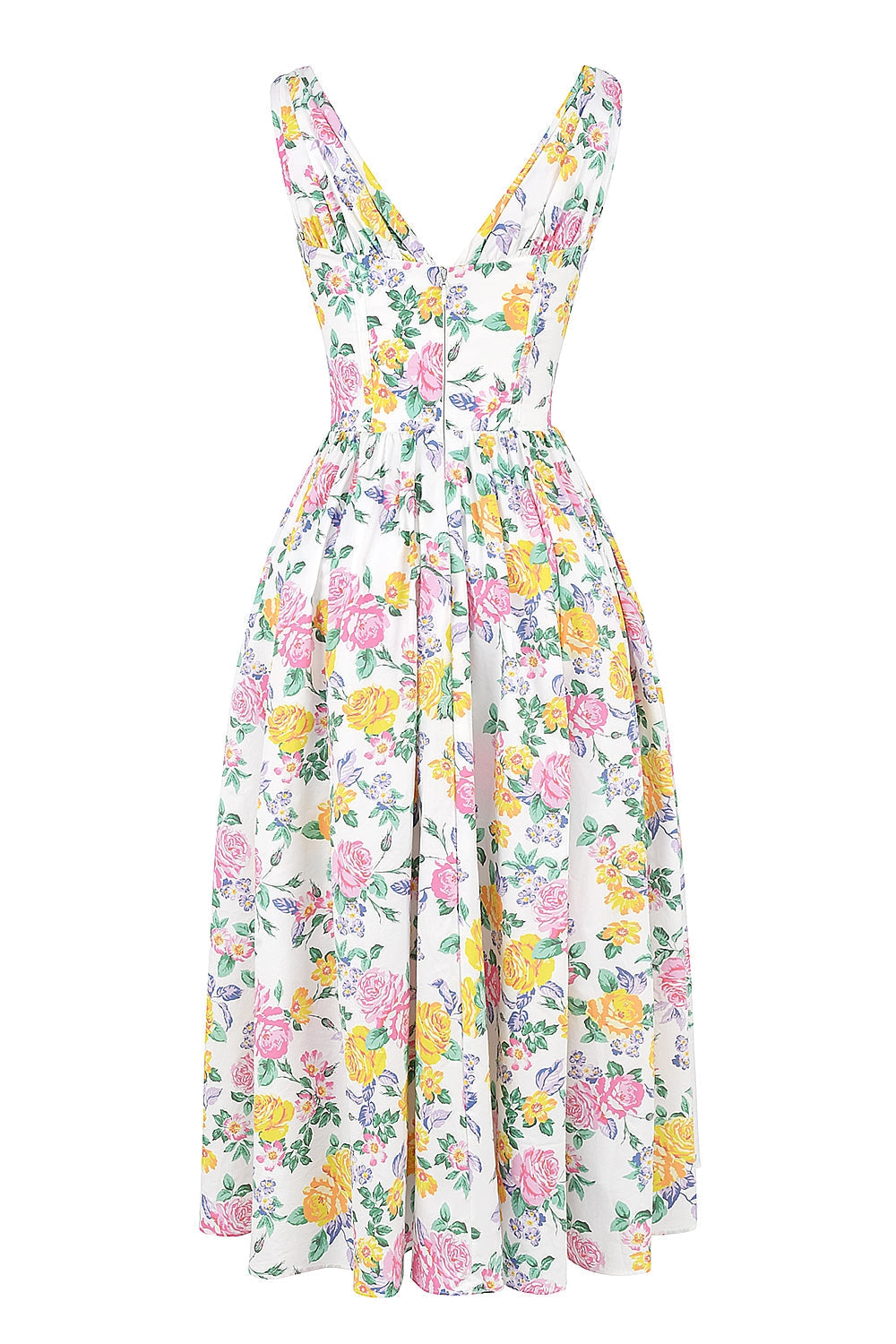 Floral Midi Dress with Corset Bodice and Plunge Neck