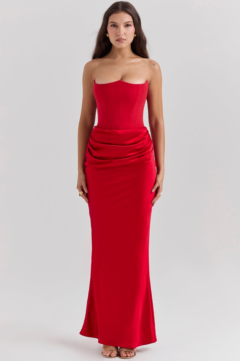 Red Satin Look Maxi Dress with Structured Strapless Bodice