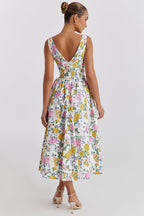 Floral Midi Dress with Corset Bodice and Plunge Neck