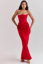 Red Satin Look Maxi Dress with Structured Strapless Bodice