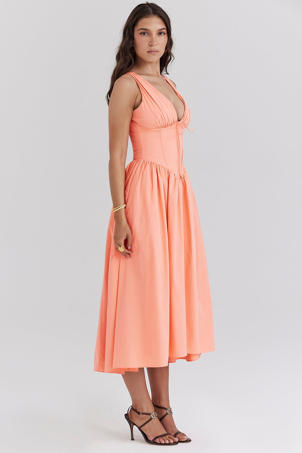 Orange Midi Dress with Plunge Neck and Open Back