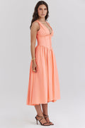 Orange Midi Dress with Plunge Neck and Open Back