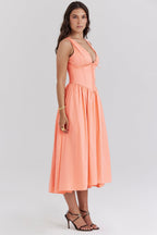 Orange Midi Dress with Plunge Neck and Open Back