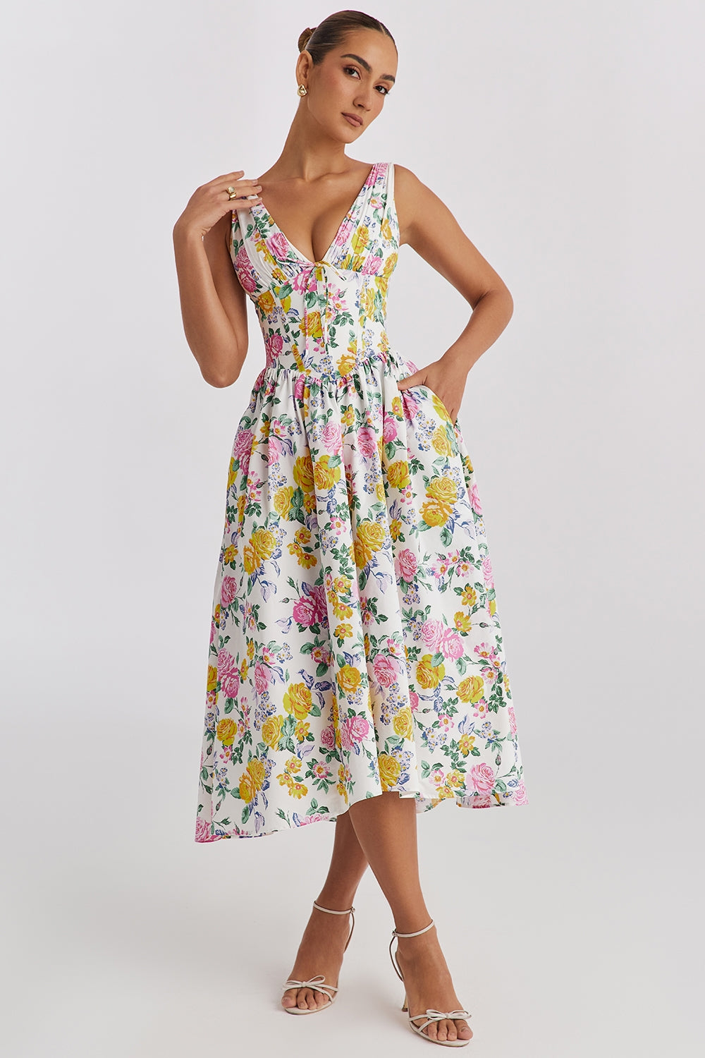 Floral Midi Dress with Corset Bodice and Plunge Neck