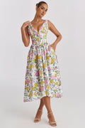Floral Midi Dress with Corset Bodice and Plunge Neck