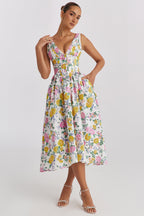 Floral Midi Dress with Corset Bodice and Plunge Neck