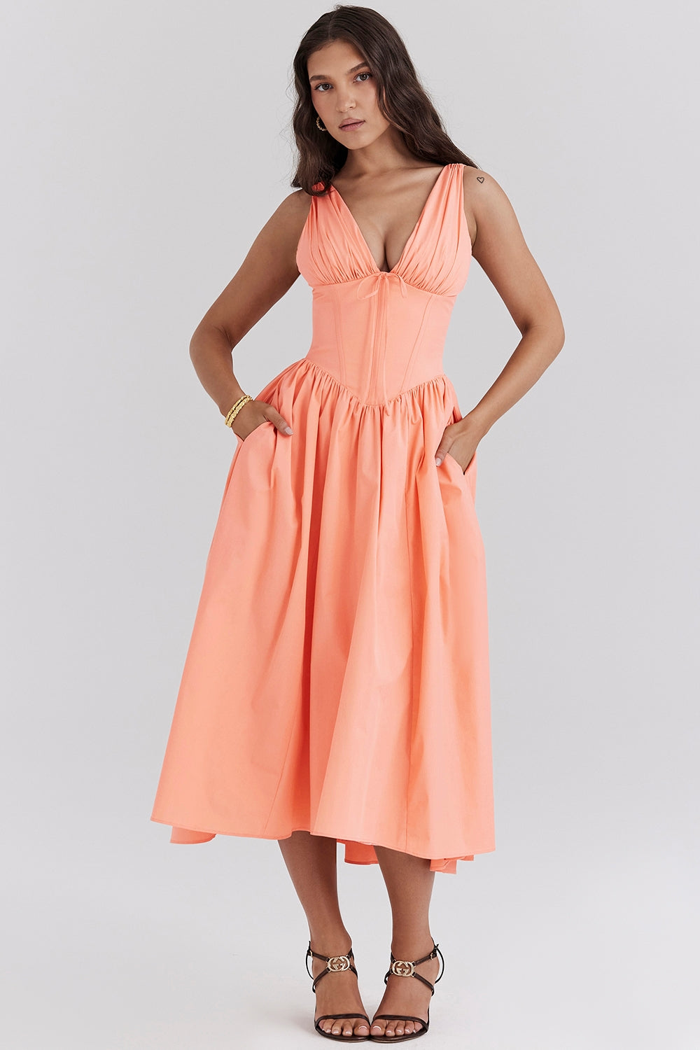 Orange Midi Dress with Plunge Neck and Open Back