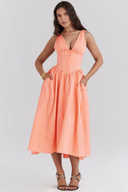 Orange Midi Dress with Plunge Neck and Open Back