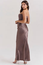 Gray Satin Look Strapless Maxi Dress with Structured Bodice
