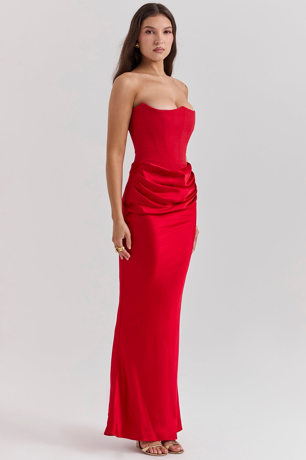 Red Satin Look Maxi Dress with Structured Strapless Bodice