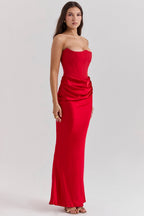 Red Satin Look Maxi Dress with Structured Strapless Bodice