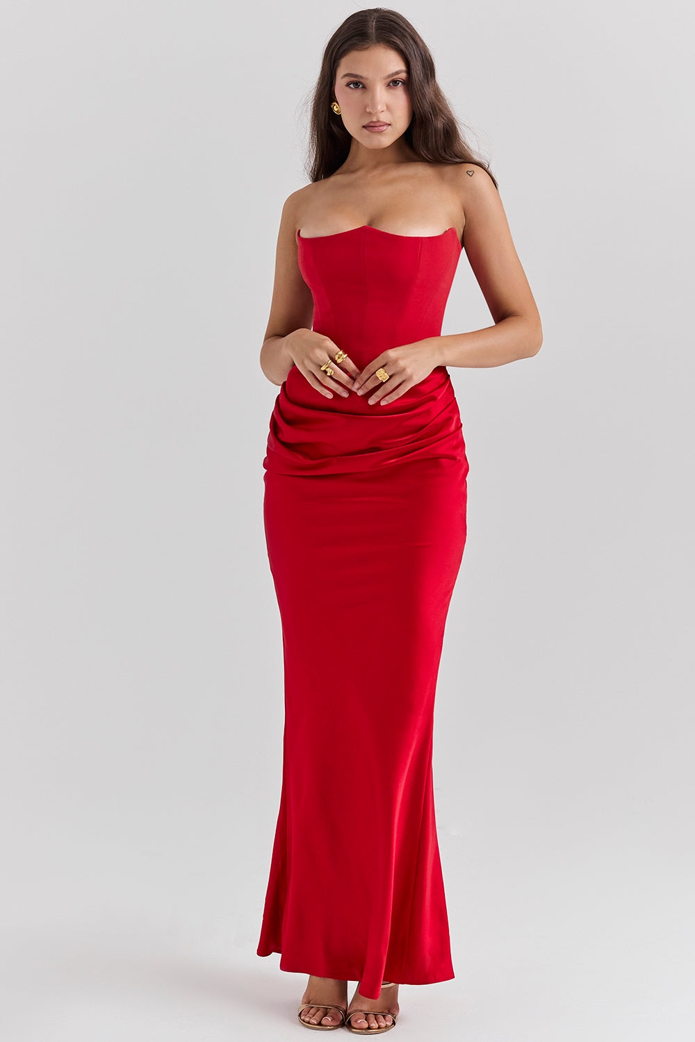 Red Satin Look Maxi Dress with Structured Strapless Bodice