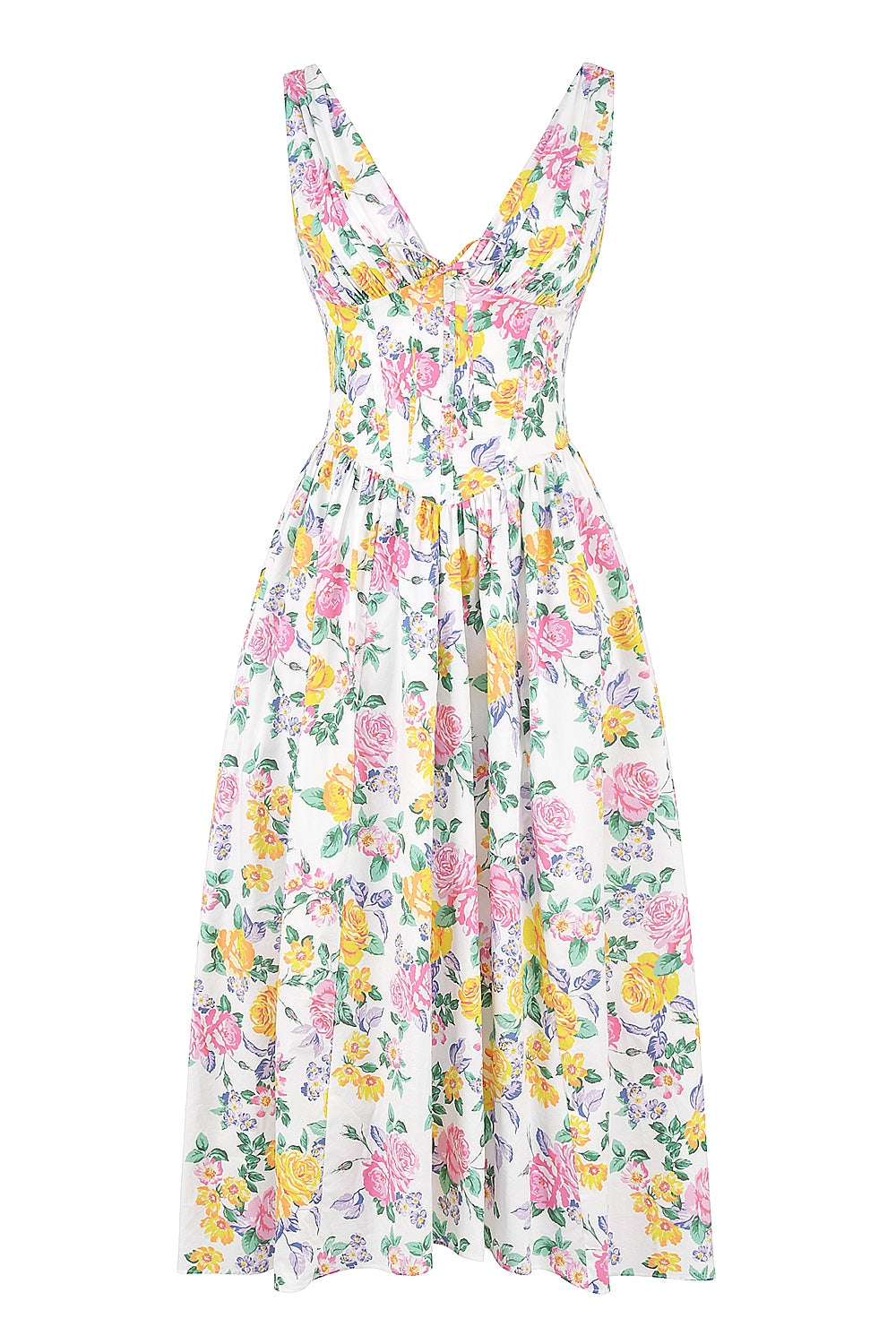 Floral Midi Dress with Corset Bodice and Plunge Neck