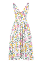 Floral Midi Dress with Corset Bodice and Plunge Neck