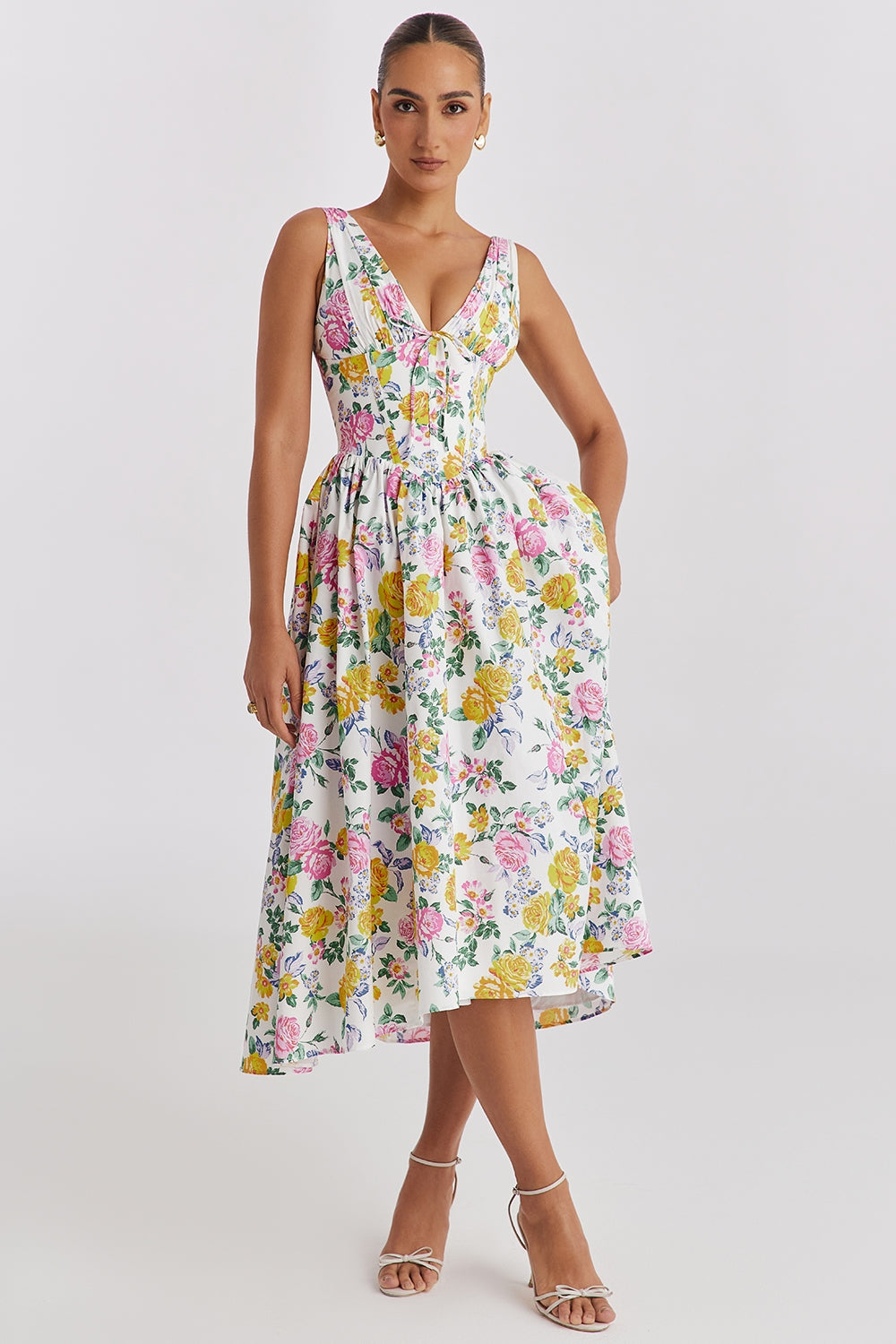 Floral Midi Dress with Corset Bodice and Plunge Neck
