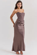 Gray Satin Look Strapless Maxi Dress with Structured Bodice
