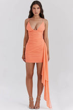 Orange Mini Dress with Ruched Detail and Plunge Neck