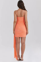 Orange Mini Dress with Ruched Detail and Plunge Neck
