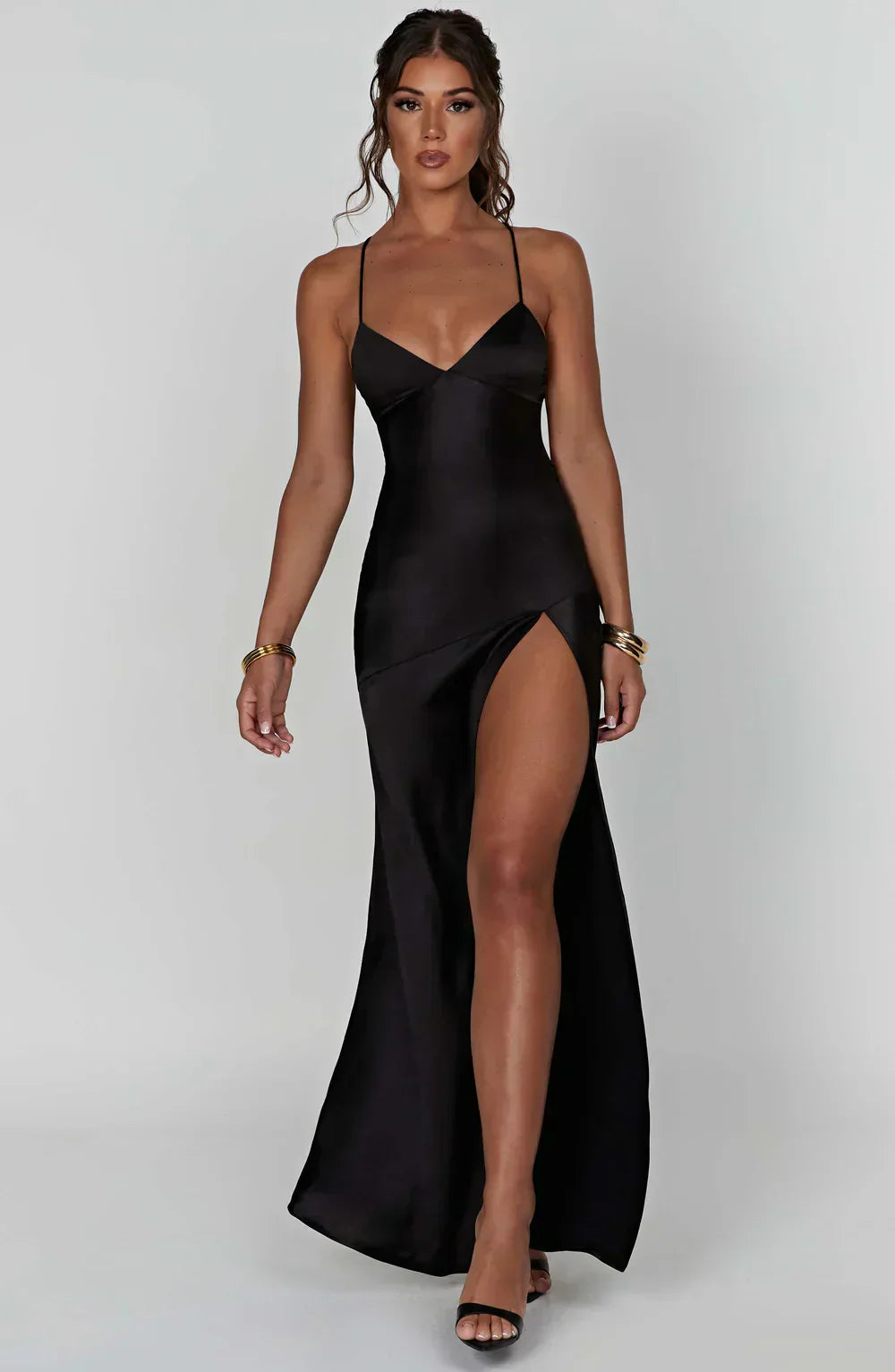 Black Satin Maxi Dress with V Neck and Open Tie Back