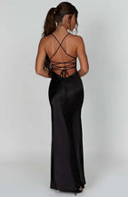 Black Satin Maxi Dress with V Neck and Open Tie Back