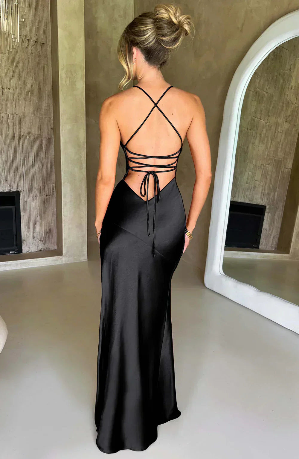 Black Satin Maxi Dress with V Neck and Open Tie Back