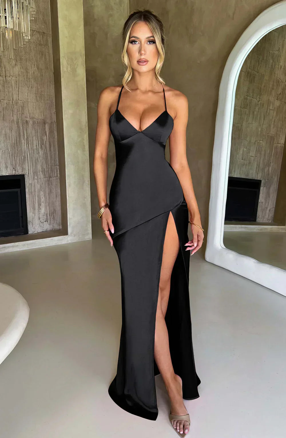 Black Satin Maxi Dress with V Neck and Open Tie Back