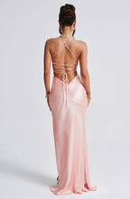 Pink Satin Maxi Dress with V Neck and Open Tie Back