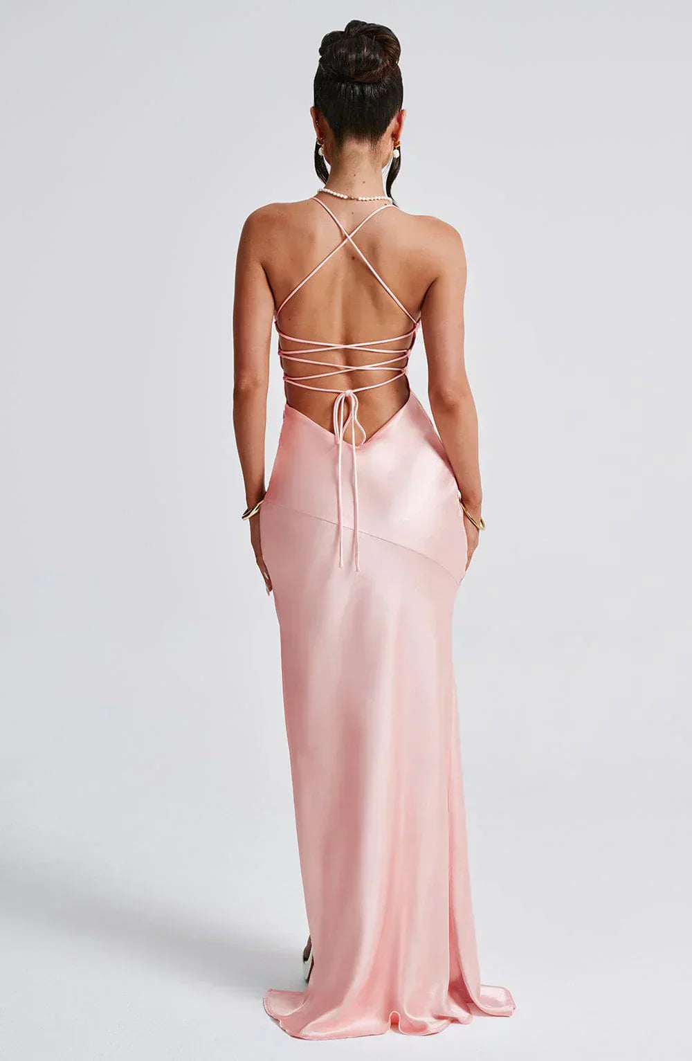 Pink Satin Maxi Dress with V Neck and Open Tie Back
