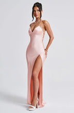 Pink Satin Maxi Dress with V Neck and Open Tie Back
