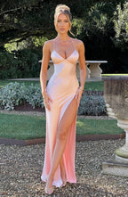 Pink Satin Maxi Dress with V Neck and Open Tie Back