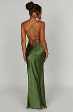 Green Satin Maxi Dress with V Neck and Open Tie Back