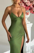 Green Satin Maxi Dress with V Neck and Open Tie Back