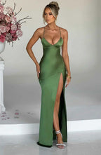 Green Satin Maxi Dress with V Neck and Open Tie Back
