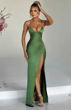 Green Satin Maxi Dress with V Neck and Open Tie Back